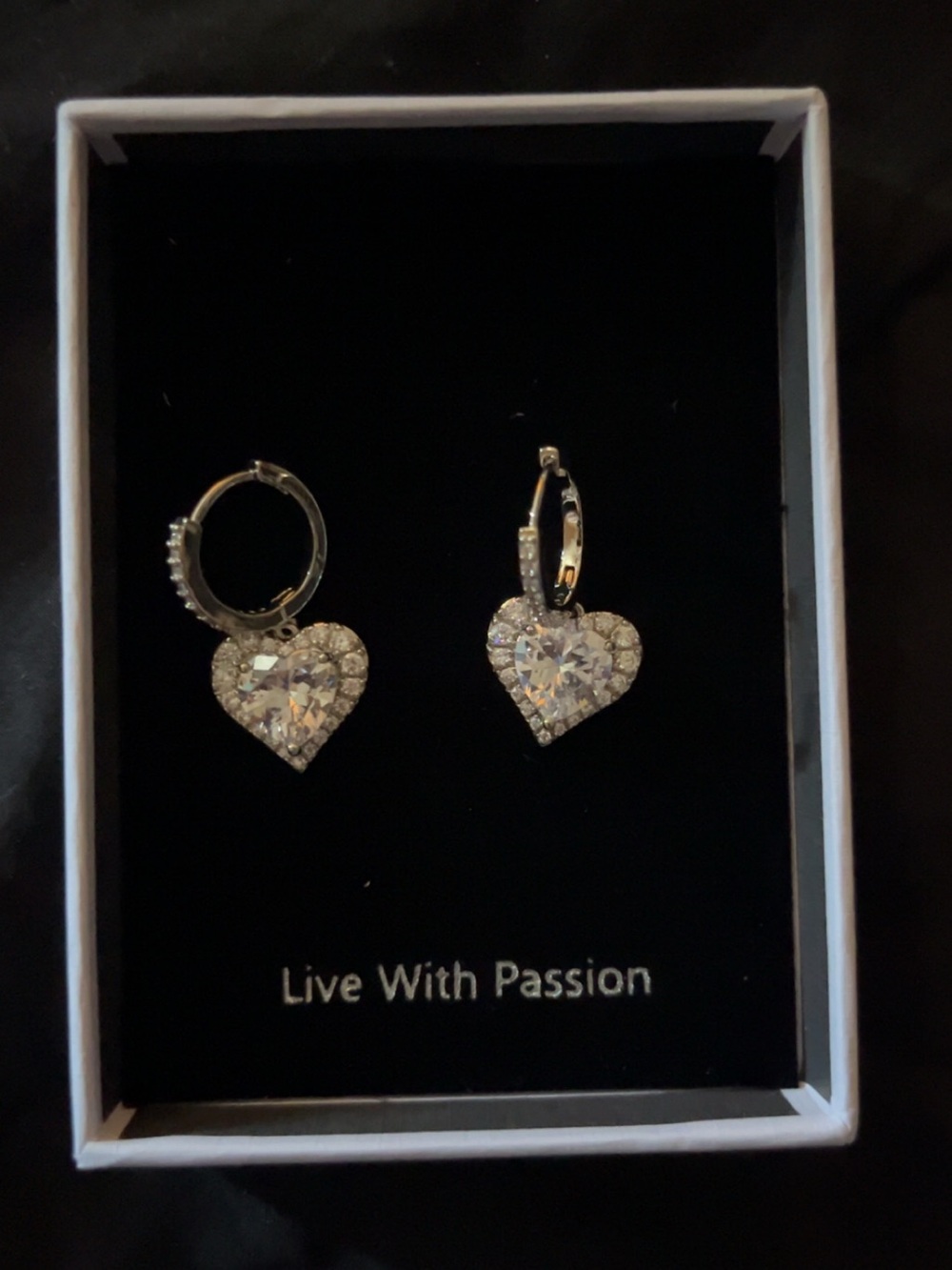 Dainty Silver Heart Hoop Earrings with Clear Crystals